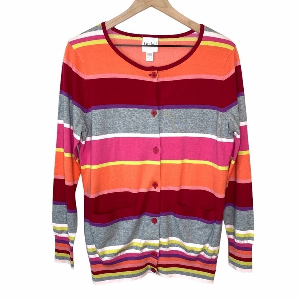 Kate Hill Women’s Striped Button Down Cardigan Size Medium Colorful